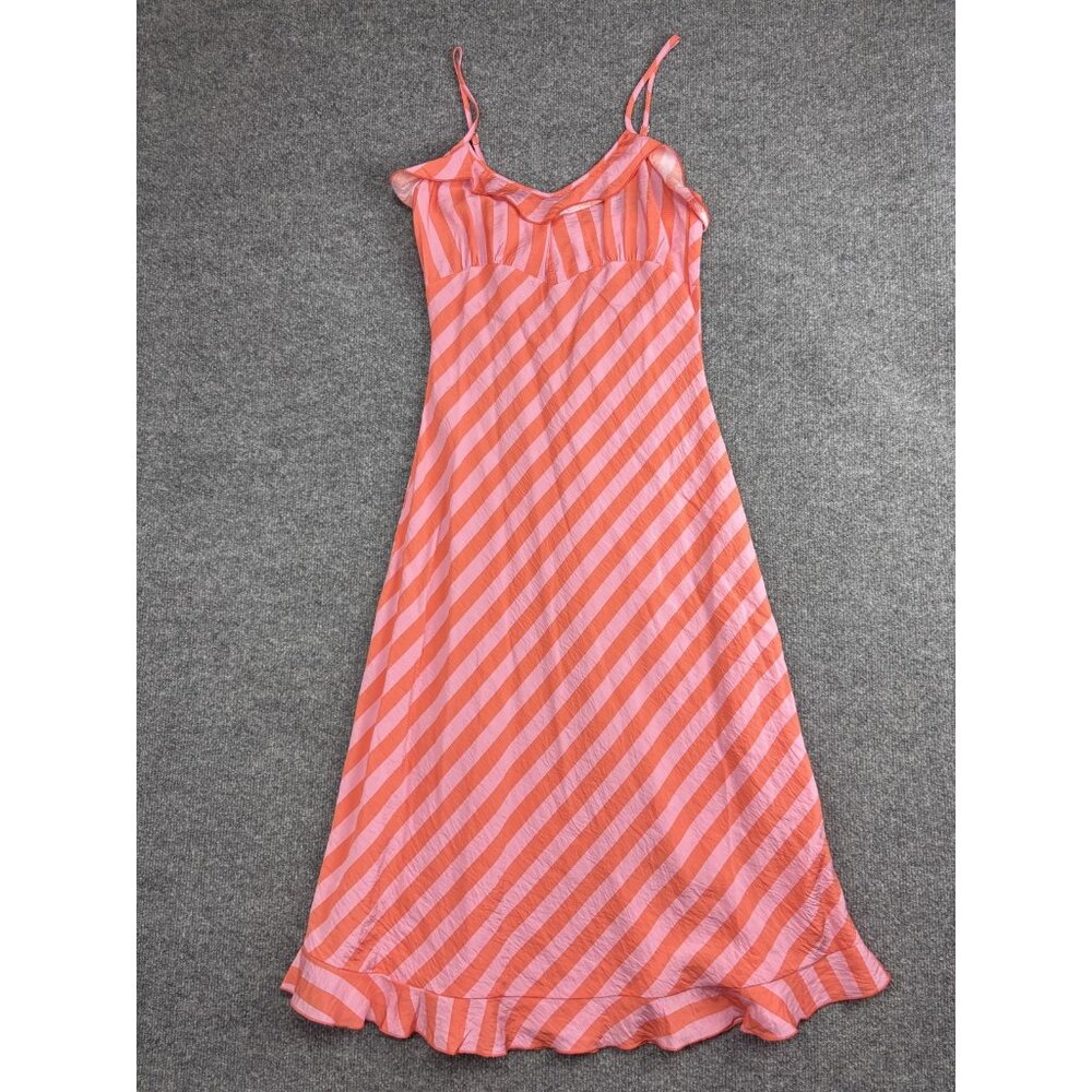 Rolla's Dress Womens Small Pink Orange Stripe Slip‎ Spaghetti Ruffle Hem R42D27